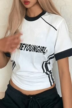 Y2K Fashion Street Color Contrast Stripe Short Sleeve Tee - Coquette Aesthetic Grunge Style