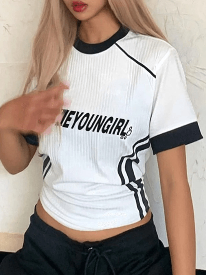 Y2K Fashion Street Color Contrast Stripe Short Sleeve Tee - Coquette Aesthetic Grunge Style