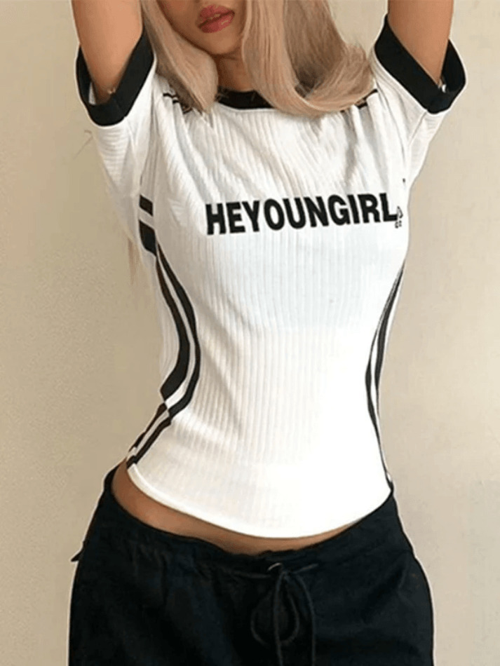 Y2K Fashion Street Color Contrast Stripe Short Sleeve Tee - Coquette Aesthetic Grunge Style