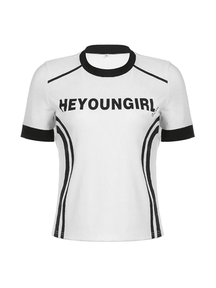 Y2K Fashion Street Color Contrast Stripe Short Sleeve Tee - Coquette Aesthetic Grunge Style