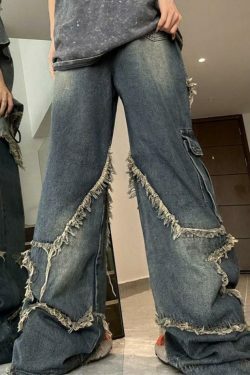 Y2K Fashion: Street Frayed Patch Splice Mopping Boyfriend Jeans