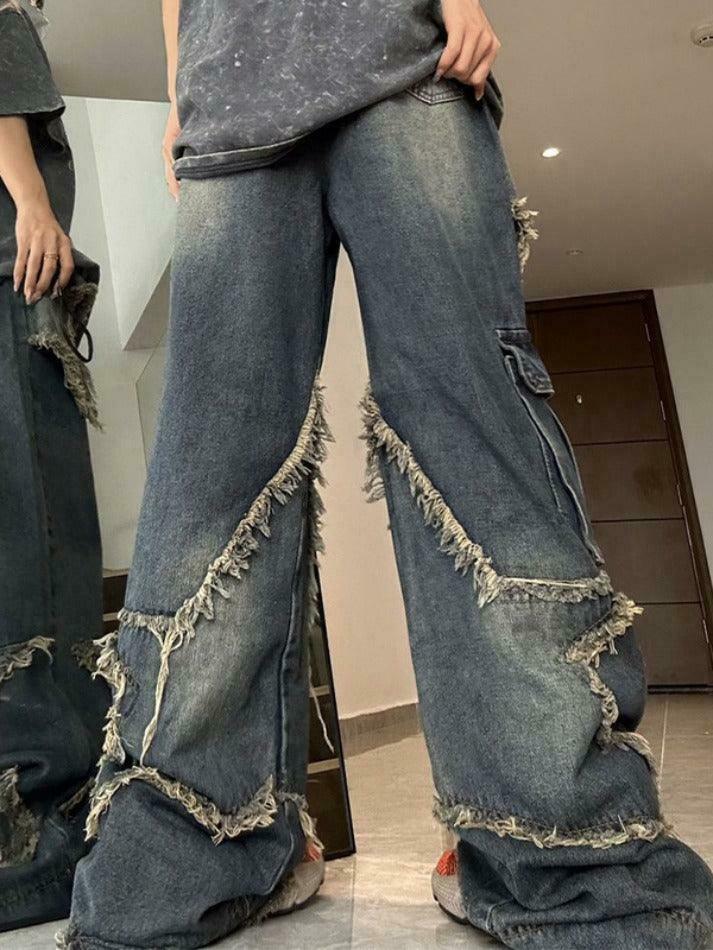 Y2K Fashion: Street Frayed Patch Splice Mopping Boyfriend Jeans Y2K Fashion: Street Frayed Patch Splice Mopping Boyfriend Jeans