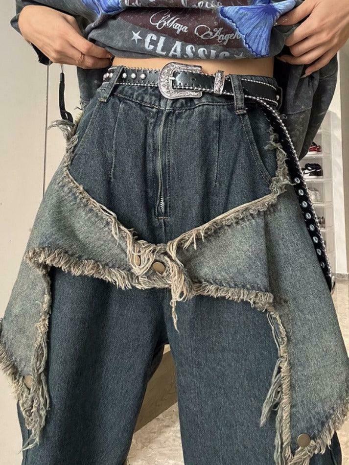Y2K Fashion: Street Frayed Patch Splice Mopping Boyfriend Jeans Y2K Fashion: Street Frayed Patch Splice Mopping Boyfriend Jeans