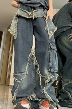 Y2K Fashion: Street Frayed Patch Splice Mopping Boyfriend Jeans