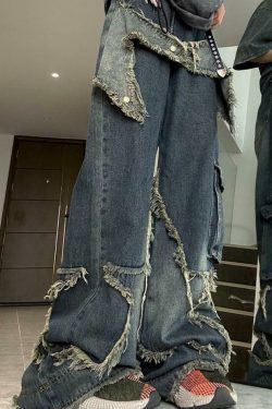 Y2K Fashion: Street Frayed Patch Splice Mopping Boyfriend Jeans