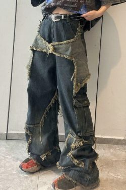 Y2K Fashion: Street Frayed Patch Splice Mopping Boyfriend Jeans