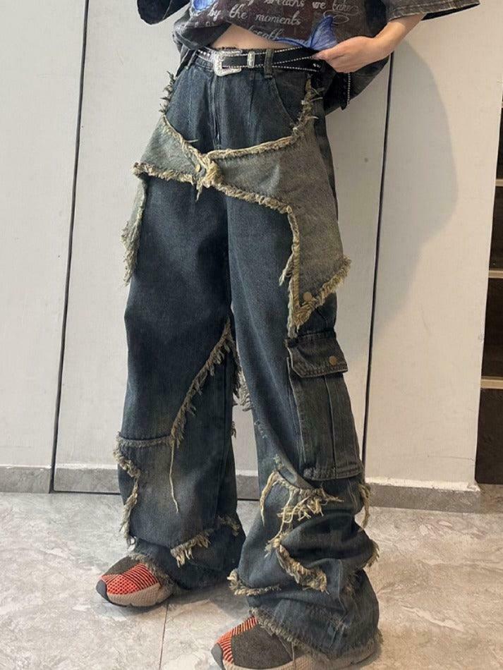 Y2K Fashion: Street Frayed Patch Splice Mopping Boyfriend Jeans Y2K Fashion: Street Frayed Patch Splice Mopping Boyfriend Jeans