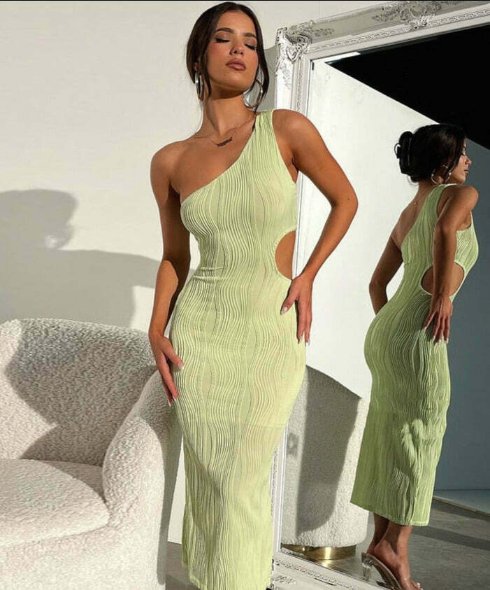 Y2K Fashion Striped Slim Slanted Shoulder Dress - Coquette Aesthetic Grunge Style Y2K Fashion Striped Slim Slanted Shoulder Dress - Coquette Aesthetic Grunge Style