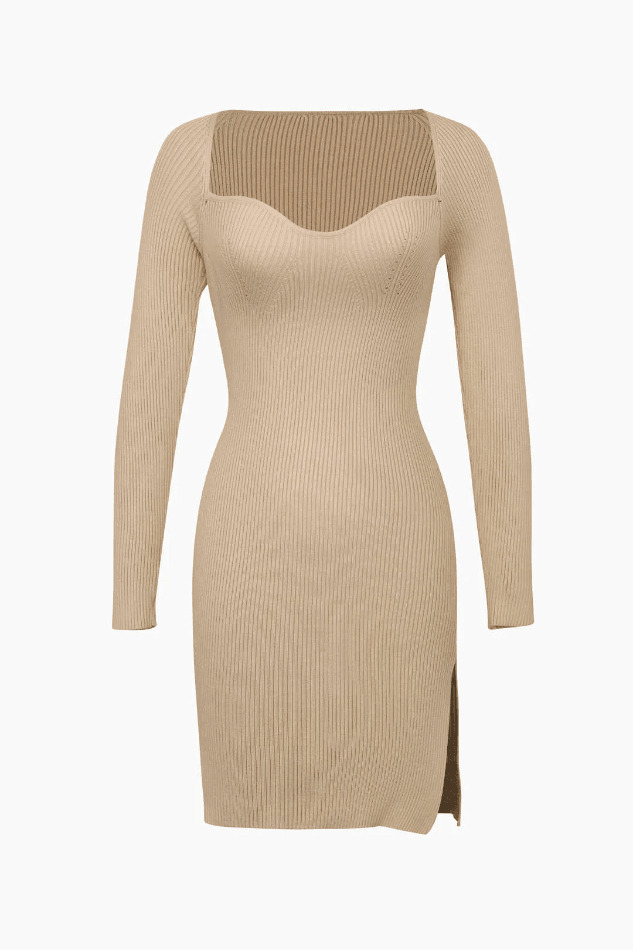 Y2K Fashion Sweetheart Neckline Knitted Mini Dress with Slit - Coquette Aesthetic Grunge Style