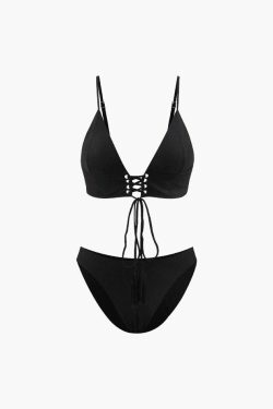 Y2K Fashion Textured Lace-up Bikini Set - Coquette Grunge Aesthetic Cute Tops