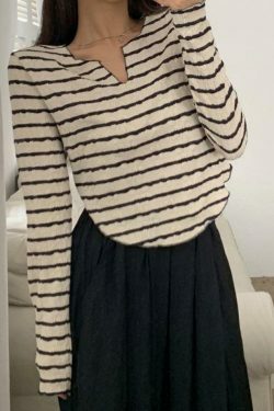 Y2K Fashion Textured Stripe V-Neck Irregular Hem Long Sleeve Tee - Coquette Aesthetic Grunge Style