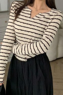 Y2K Fashion Textured Stripe V-Neck Irregular Hem Long Sleeve Tee - Coquette Aesthetic Grunge Style