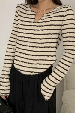Y2K Fashion Textured Stripe V-Neck Irregular Hem Long Sleeve Tee - Coquette Aesthetic Grunge Style