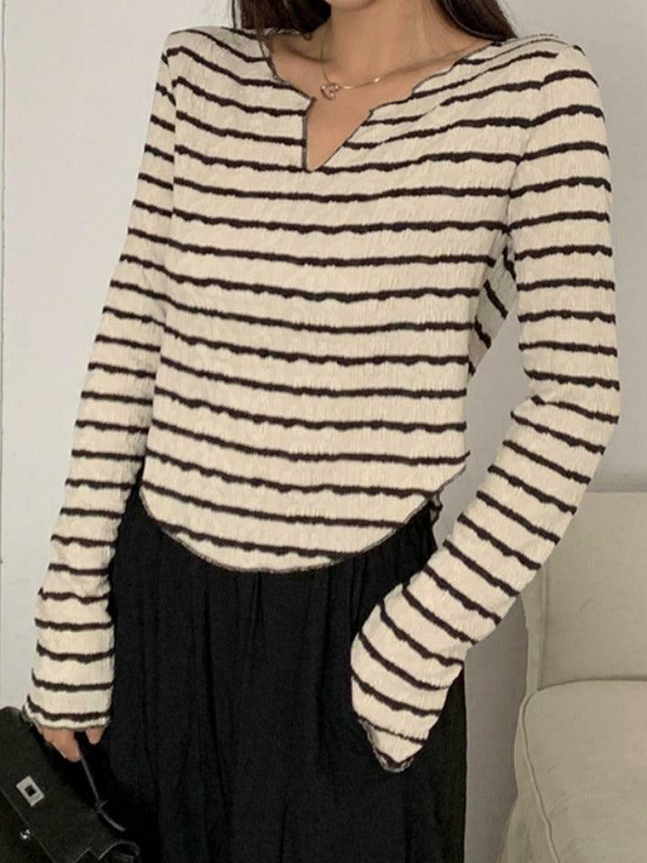 Y2K Fashion Textured Stripe V-Neck Irregular Hem Long Sleeve Tee - Coquette Aesthetic Grunge Style