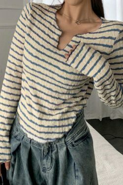 Y2K Fashion Textured Stripe V-Neck Irregular Hem Long Sleeve Tee - Coquette Aesthetic Grunge Style