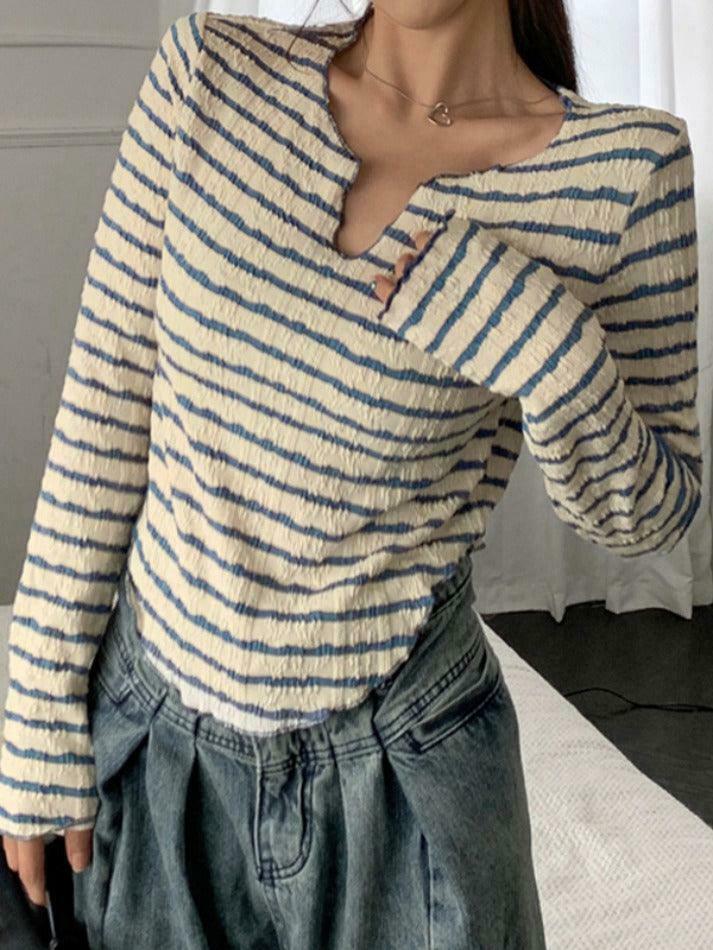 Y2K Fashion Textured Stripe V-Neck Irregular Hem Long Sleeve Tee - Coquette Aesthetic Grunge Style