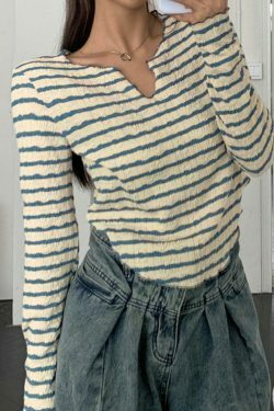 Y2K Fashion Textured Stripe V-Neck Irregular Hem Long Sleeve Tee - Coquette Aesthetic Grunge Style