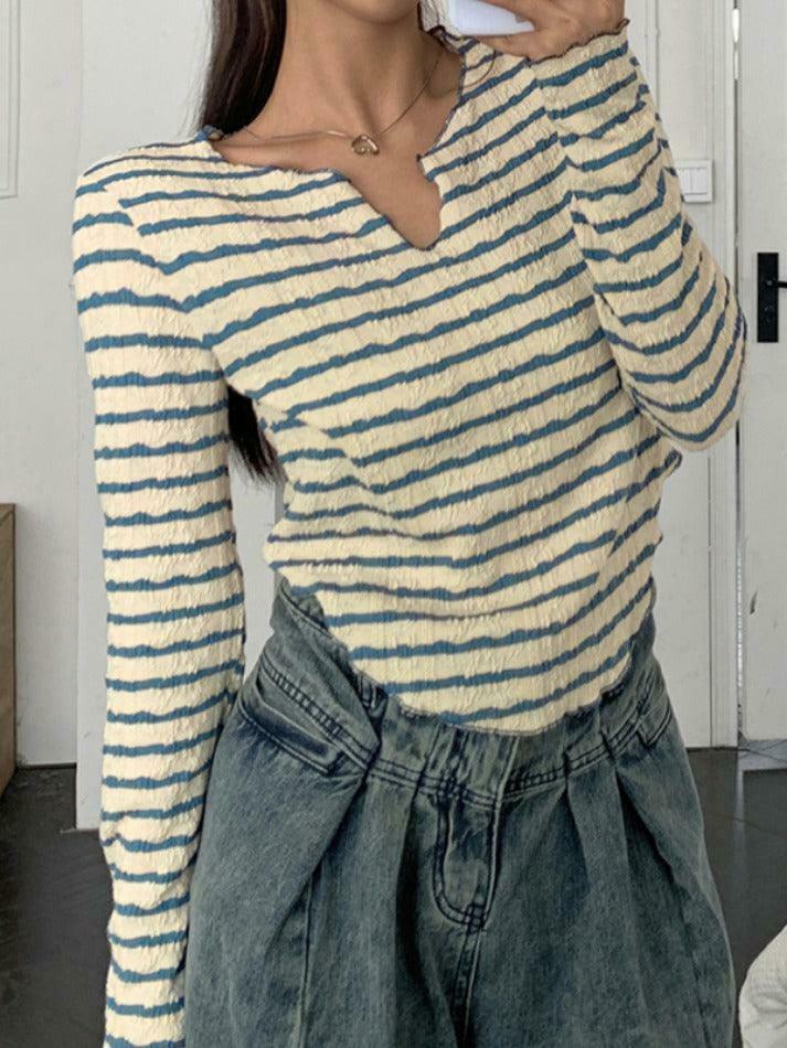 Y2K Fashion Textured Stripe V-Neck Irregular Hem Long Sleeve Tee - Coquette Aesthetic Grunge Style