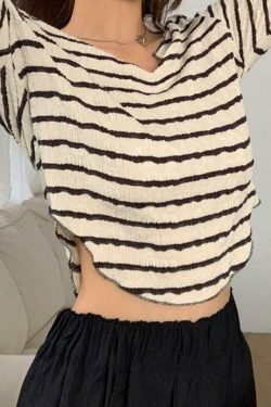 Y2K Fashion Textured Stripe V-Neck Irregular Hem Long Sleeve Tee - Coquette Aesthetic Grunge Style