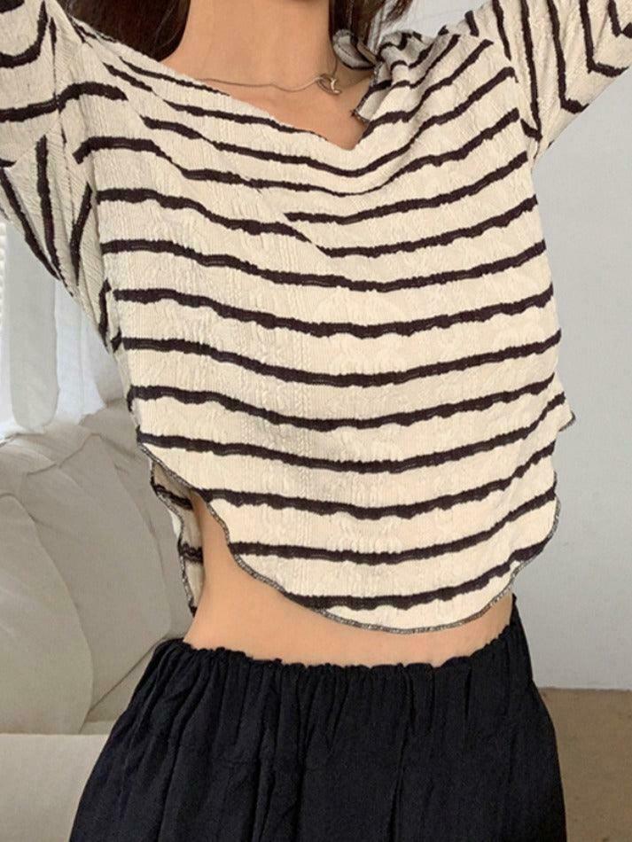 Y2K Fashion Textured Stripe V-Neck Irregular Hem Long Sleeve Tee - Coquette Aesthetic Grunge Style