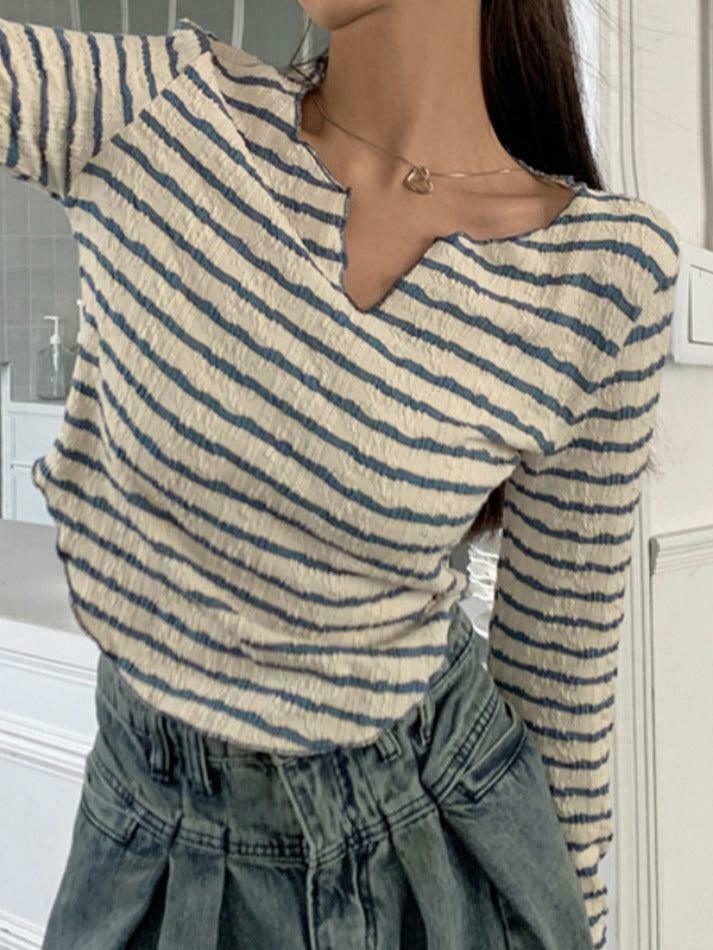 Y2K Fashion Textured Stripe V-Neck Irregular Hem Long Sleeve Tee - Coquette Aesthetic Grunge Style