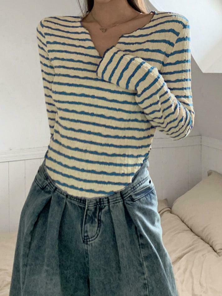 Y2K Fashion Textured Stripe V-Neck Irregular Hem Long Sleeve Tee - Coquette Aesthetic Grunge Style