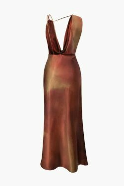 Y2K Fashion: Tie Dye Asymmetric Cowl Neck Satin Maxi Dress - Co
