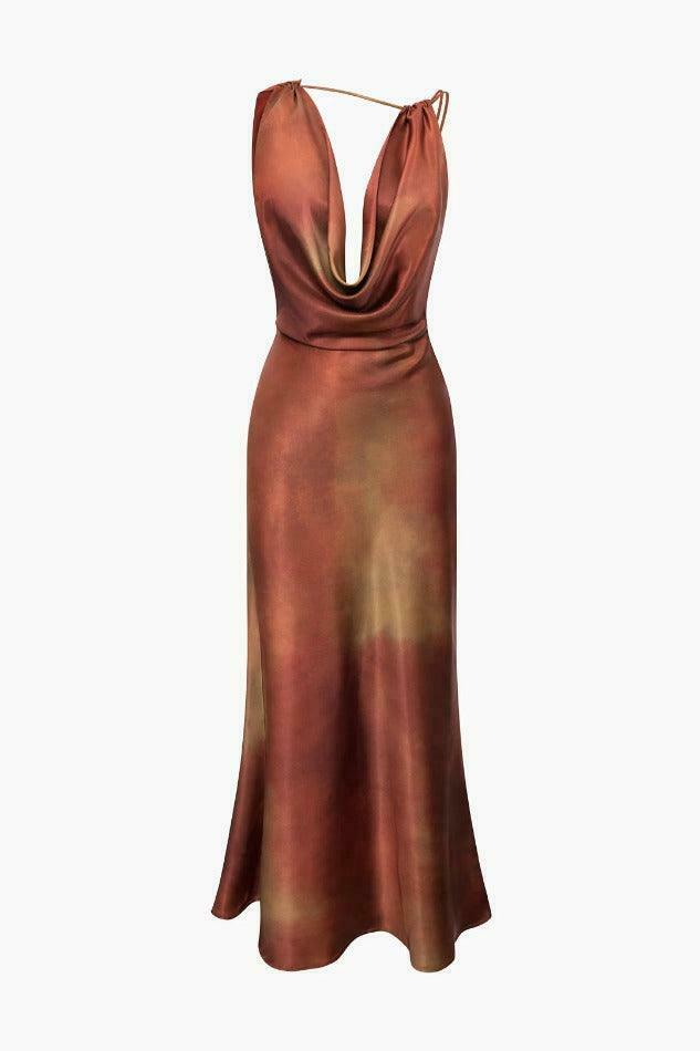 Y2K Fashion: Tie Dye Asymmetric Cowl Neck Satin Maxi Dress - Co Y2K Fashion: Tie Dye Asymmetric Cowl Neck Satin Maxi Dress - Co