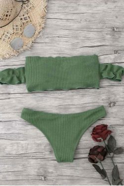 Y2K Fashion Trend: Off-Shoulder Ruffles Ribbed Bikini - Grunge & Coquette Aesthetic Swimwear