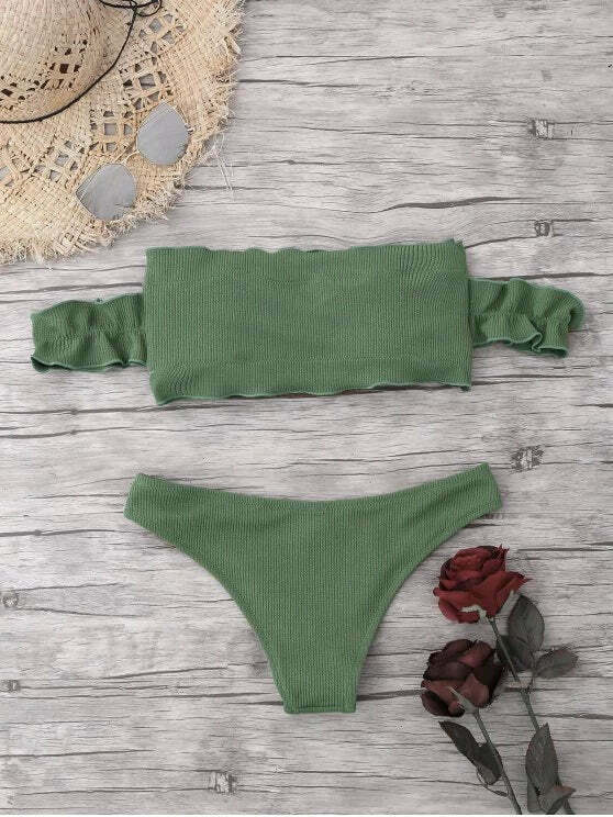 Y2K Fashion Trend: Off-Shoulder Ruffles Ribbed Bikini - Grunge & Coquette Aesthetic Swimwear Y2K Fashion Trend: Off-Shoulder Ruffles Ribbed Bikini - Grunge & Coquette Aesthetic Swimwear