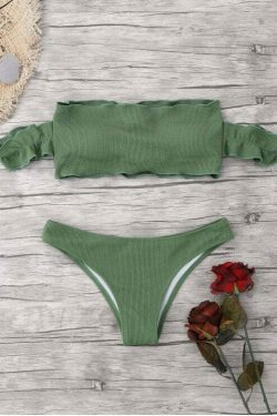Y2K Fashion Trend: Off-Shoulder Ruffles Ribbed Bikini - Grunge & Coquette Aesthetic Swimwear