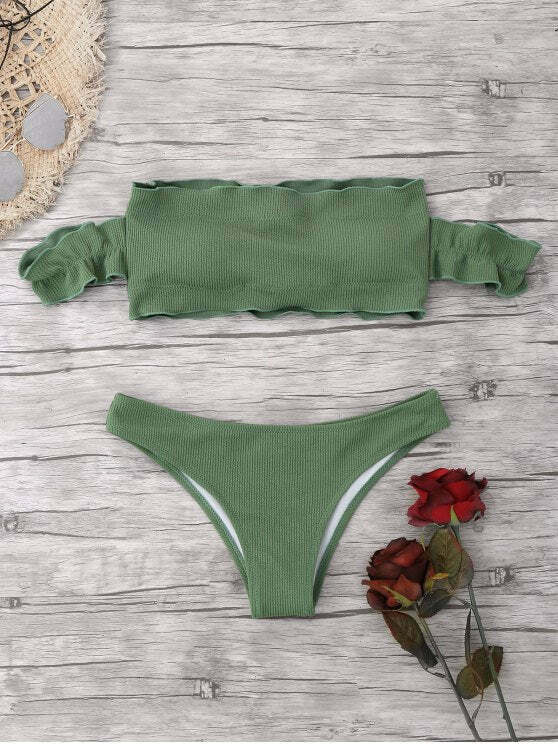 Y2K Fashion Trend: Off-Shoulder Ruffles Ribbed Bikini - Grunge & Coquette Aesthetic Swimwear Y2K Fashion Trend: Off-Shoulder Ruffles Ribbed Bikini - Grunge & Coquette Aesthetic Swimwear