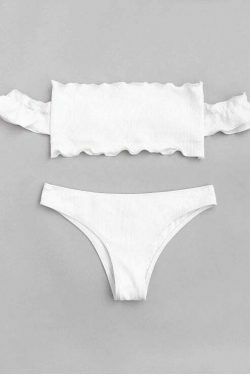 Y2K Fashion Trend: Off-Shoulder Ruffles Ribbed Bikini - Grunge & Coquette Aesthetic Swimwear