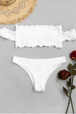 Y2K Fashion Trend: Off-Shoulder Ruffles Ribbed Bikini - Grunge & Coquette Aesthetic Swimwear