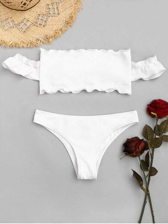Y2K Fashion Trend: Off-Shoulder Ruffles Ribbed Bikini - Grunge & Coquette Aesthetic Swimwear Y2K Fashion Trend: Off-Shoulder Ruffles Ribbed Bikini - Grunge & Coquette Aesthetic Swimwear