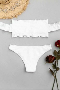 Y2K Fashion Trend: Off-Shoulder Ruffles Ribbed Bikini - Grunge & Coquette Aesthetic Swimwear