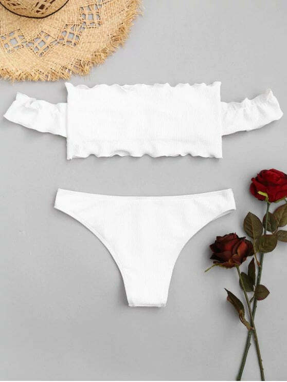 Y2K Fashion Trend: Off-Shoulder Ruffles Ribbed Bikini - Grunge & Coquette Aesthetic Swimwear Y2K Fashion Trend: Off-Shoulder Ruffles Ribbed Bikini - Grunge & Coquette Aesthetic Swimwear