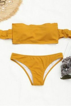 Y2K Fashion Trend: Off-Shoulder Ruffles Ribbed Bikini - Grunge & Coquette Aesthetic Swimwear