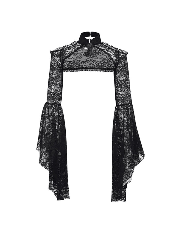 Y2K Fashion Trumpet Sleeve Stand Collar Lace Knit Top for Coquette and Grunge Aesthetic Outfits Y2K Fashion Trumpet Sleeve Stand Collar Lace Knit Top for Coquette and Grunge Aesthetic Outfits
