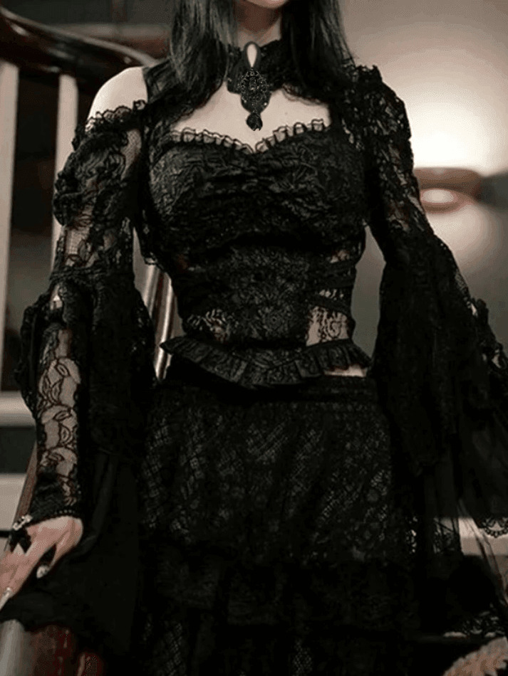 Y2K Fashion Trumpet Sleeve Stand Collar Lace Knit Top for Coquette and Grunge Aesthetic Outfits Y2K Fashion Trumpet Sleeve Stand Collar Lace Knit Top for Coquette and Grunge Aesthetic Outfits