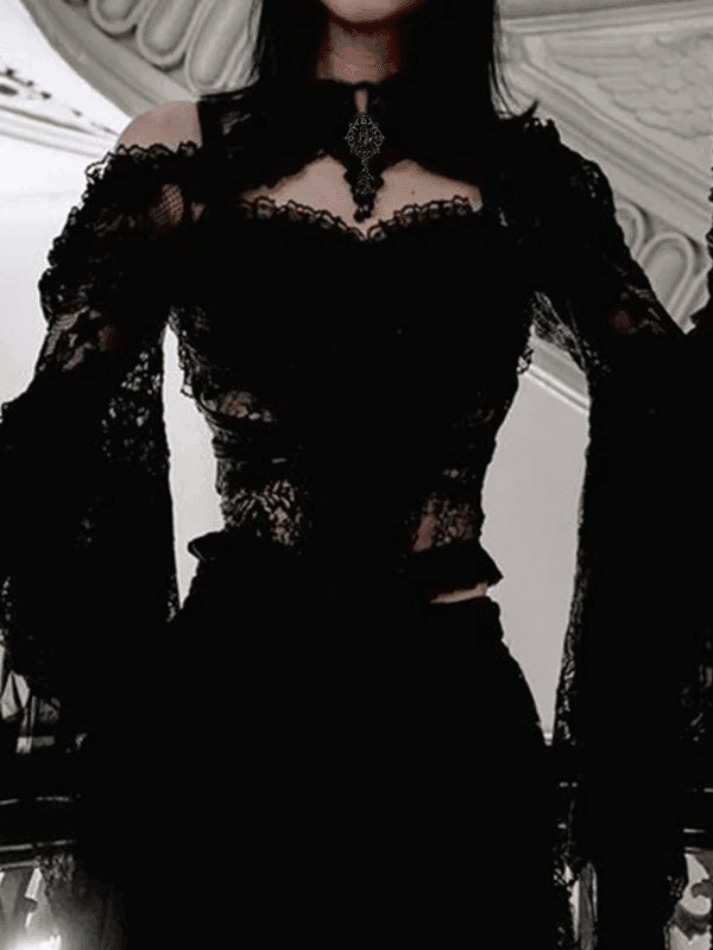 Y2K Fashion Trumpet Sleeve Stand Collar Lace Knit Top for Coquette and Grunge Aesthetic Outfits Y2K Fashion Trumpet Sleeve Stand Collar Lace Knit Top for Coquette and Grunge Aesthetic Outfits