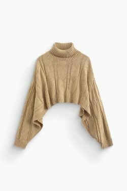 Y2K Fashion Turtle Neck Cape Sleeve Knit Crop Top - Coquette Aesthetic Grunge Style Cute Tops