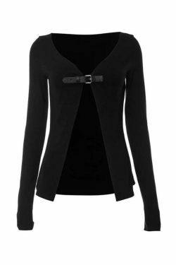 Y2K Fashion V-Neck Belted Buckle Slit Cropped Long Sleeve Tee