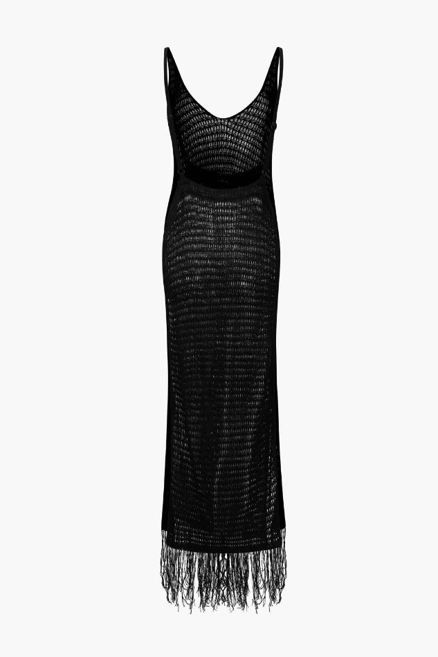 Y2K Fashion V-Neck Crochet Knit Cover Up Dress with Tassel Hem - Coquette Aesthetic