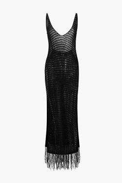 Y2K Fashion V-Neck Crochet Knit Cover Up Dress with Tassel Hem - Coquette Aesthetic