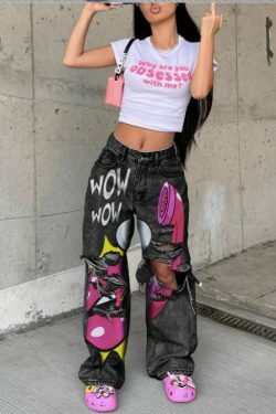 Y2K Fashion Wide Leg Jeans with Raw Edges and Holes - Coquette Aesthetic Grunge Style Cargo Skirt