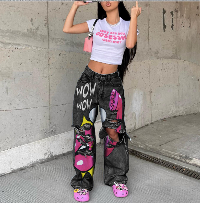 Y2K Fashion Wide Leg Jeans with Raw Edges and Holes - Coquette Aesthetic Grunge Style Cargo Skirt