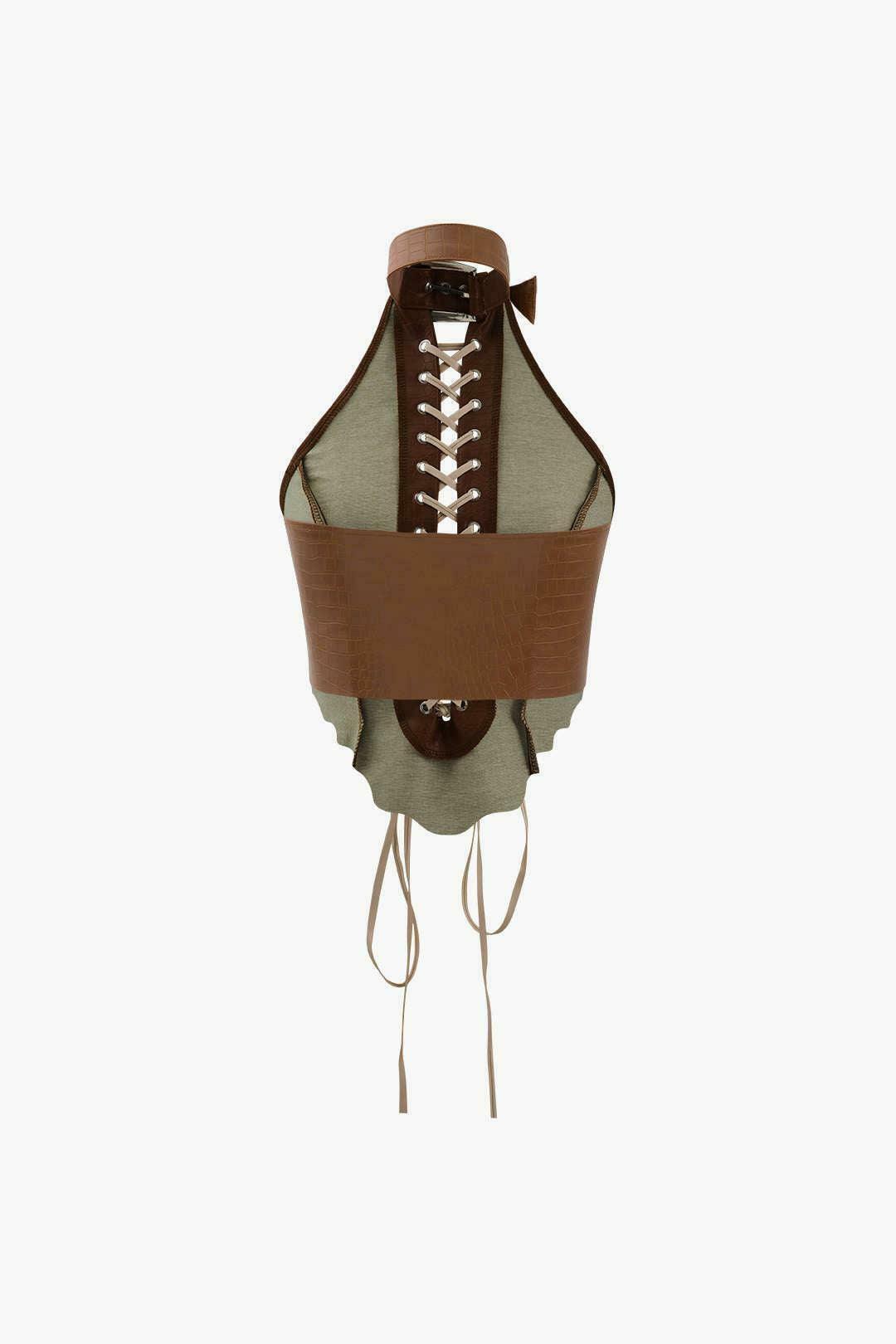 Y2K Faux Leather Halter Lace-up Cami Top for Coquette & Grunge Aesthetic Y2K Faux Leather Halter Lace-up Cami Top for Coquette & Grunge Aesthetic