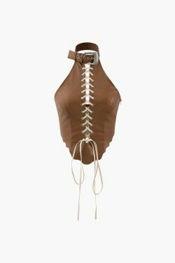 Y2K Faux Leather Halter Lace-up Cami Top for Coquette & Grunge Aesthetic