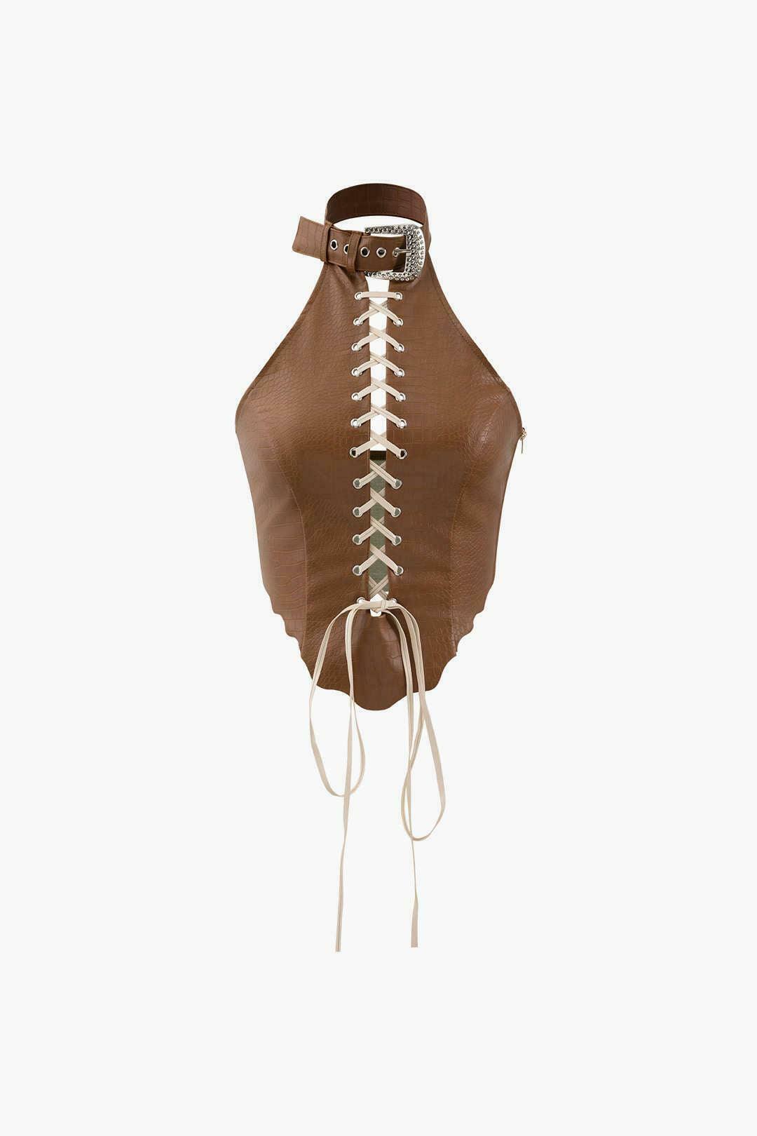 Y2K Faux Leather Halter Lace-up Cami Top for Coquette & Grunge Aesthetic Y2K Faux Leather Halter Lace-up Cami Top for Coquette & Grunge Aesthetic